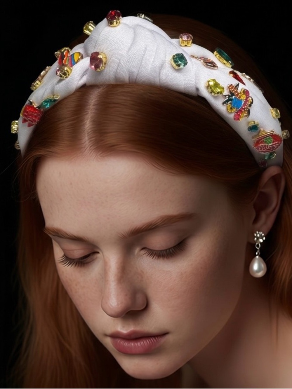 Embellished White Twisted Headband with Mexican Charms Multicolor Gems